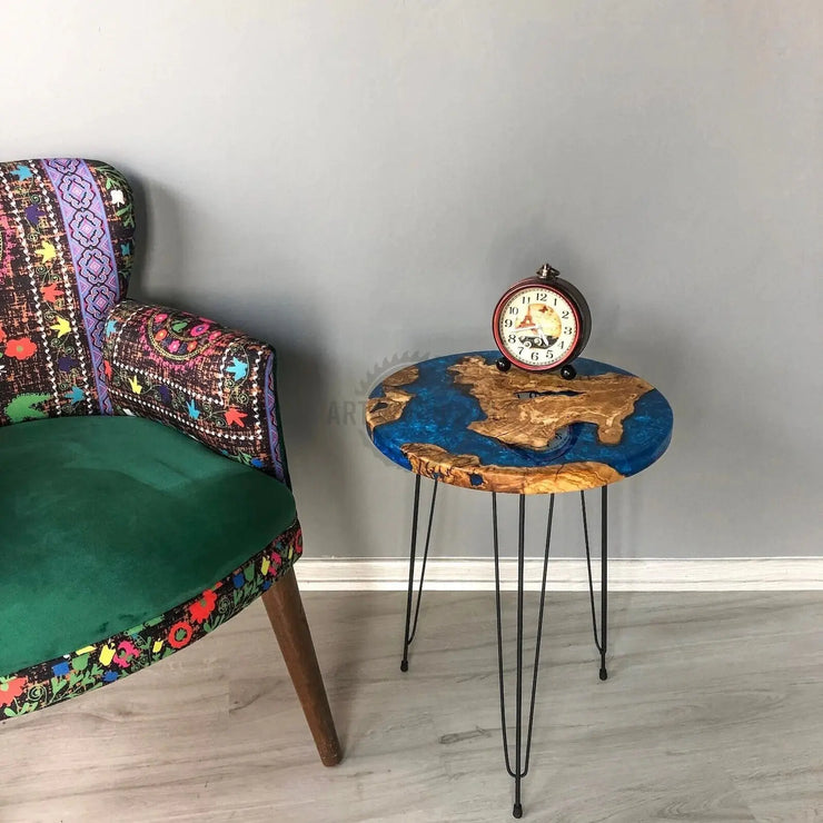 Blue coffee table in olive wood - Art Wood Lab