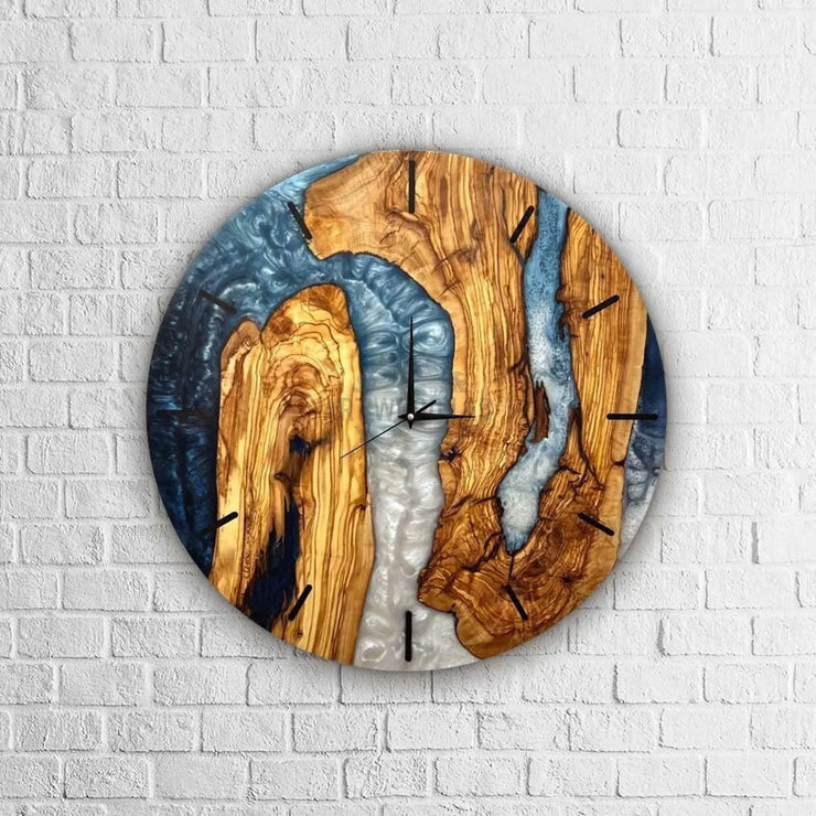 Blue olive wood and epoxy wall clock, unique gift - Art Wood Lab