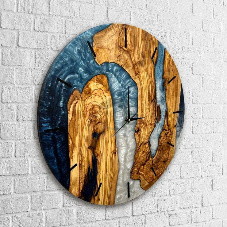 Blue olive wood and epoxy wall clock, unique gift - Art Wood Lab