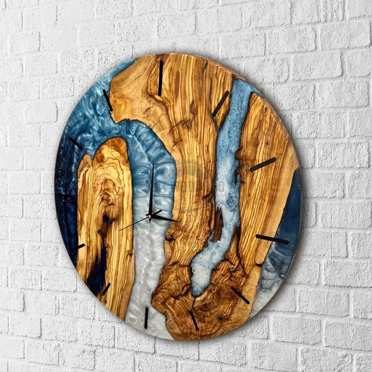 Blue olive wood and epoxy wall clock, unique gift - Art Wood Lab