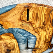 Blue olive wood and epoxy wall clock, unique gift - Art Wood Lab