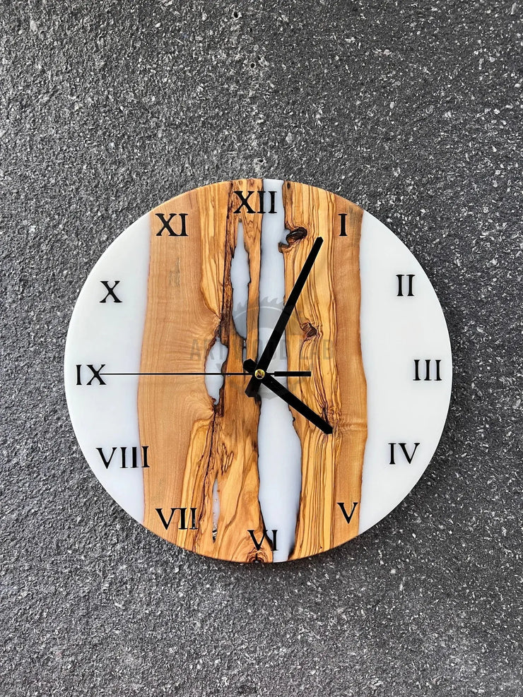 Custom Epoxy Wooden Clock White Olive Wooden Wall Clock - Art Wood Lab