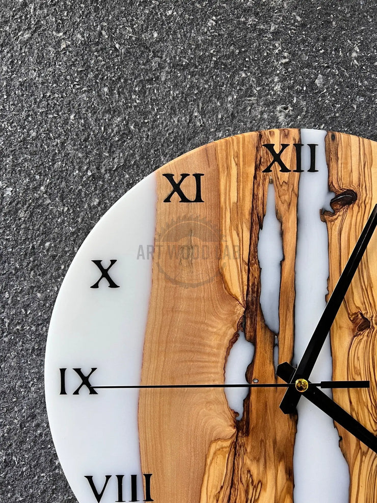 Custom Epoxy Wooden Clock White Olive Wooden Wall Clock - Art Wood Lab