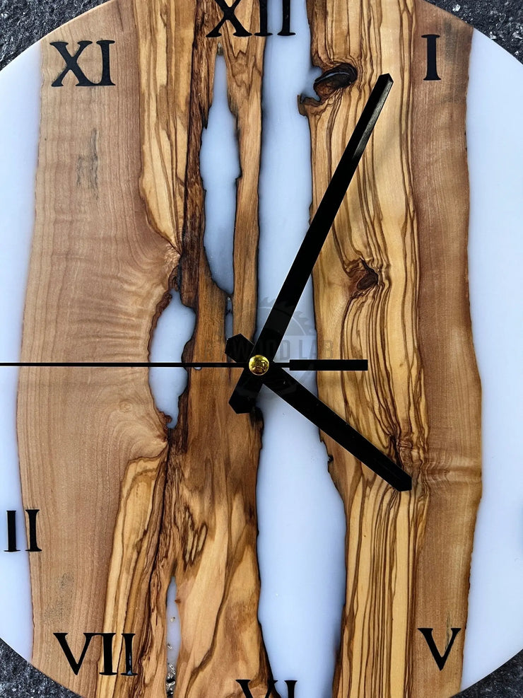 Custom Epoxy Wooden Clock White Olive Wooden Wall Clock - Art Wood Lab