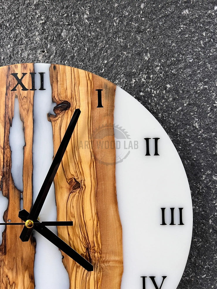 Custom Epoxy Wooden Clock White Olive Wooden Wall Clock - Art Wood Lab