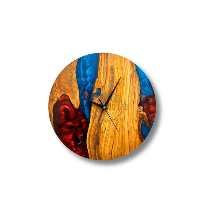 Custom Epoxy blue red toning & Olive Wood Wall Clock - Art Wood Lab