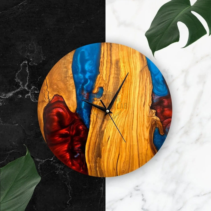 Custom Epoxy blue red toning & Olive Wood Wall Clock - Art Wood Lab