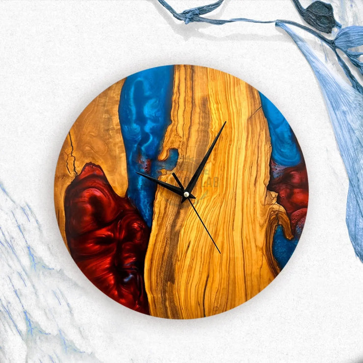 Custom Epoxy blue red toning & Olive Wood Wall Clock - Art Wood Lab