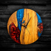 Custom Epoxy blue red toning & Olive Wood Wall Clock - Art Wood Lab