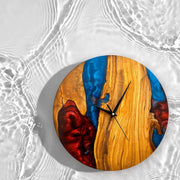 Custom Epoxy blue red toning & Olive Wood Wall Clock - Art Wood Lab