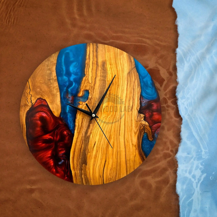 Custom Epoxy blue red toning & Olive Wood Wall Clock - Art Wood Lab