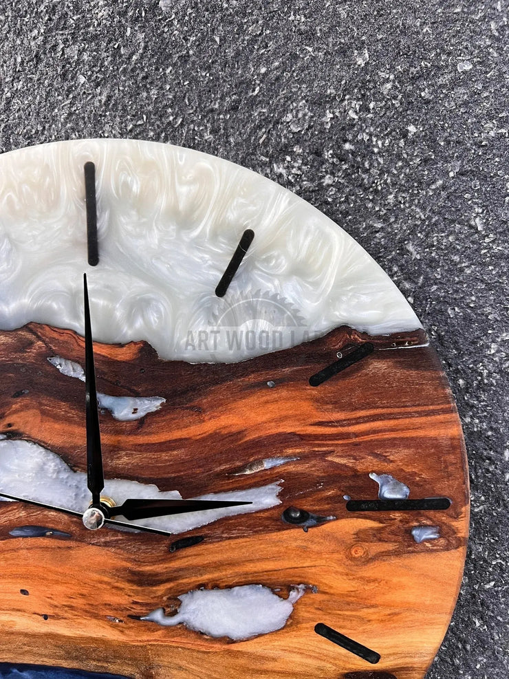 Custom Epoxy blue white toning & Olive Wood Wall Clock - Art Wood Lab