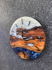 Custom Epoxy blue white toning & Olive Wood Wall Clock - Art Wood Lab