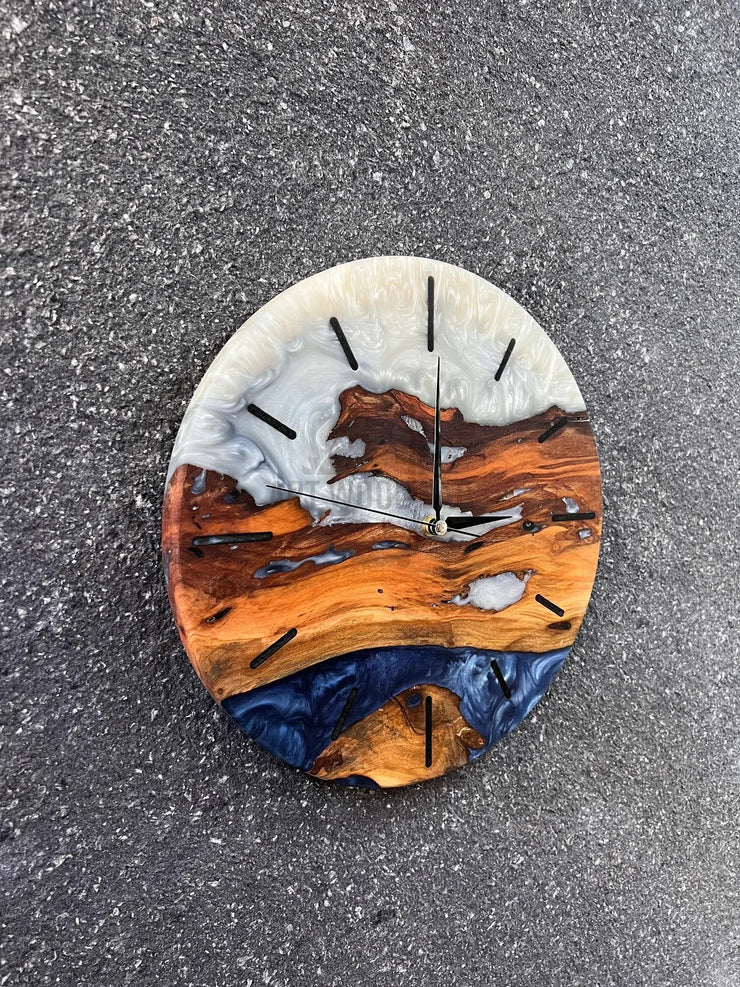 Custom Epoxy blue white toning & Olive Wood Wall Clock - Art Wood Lab