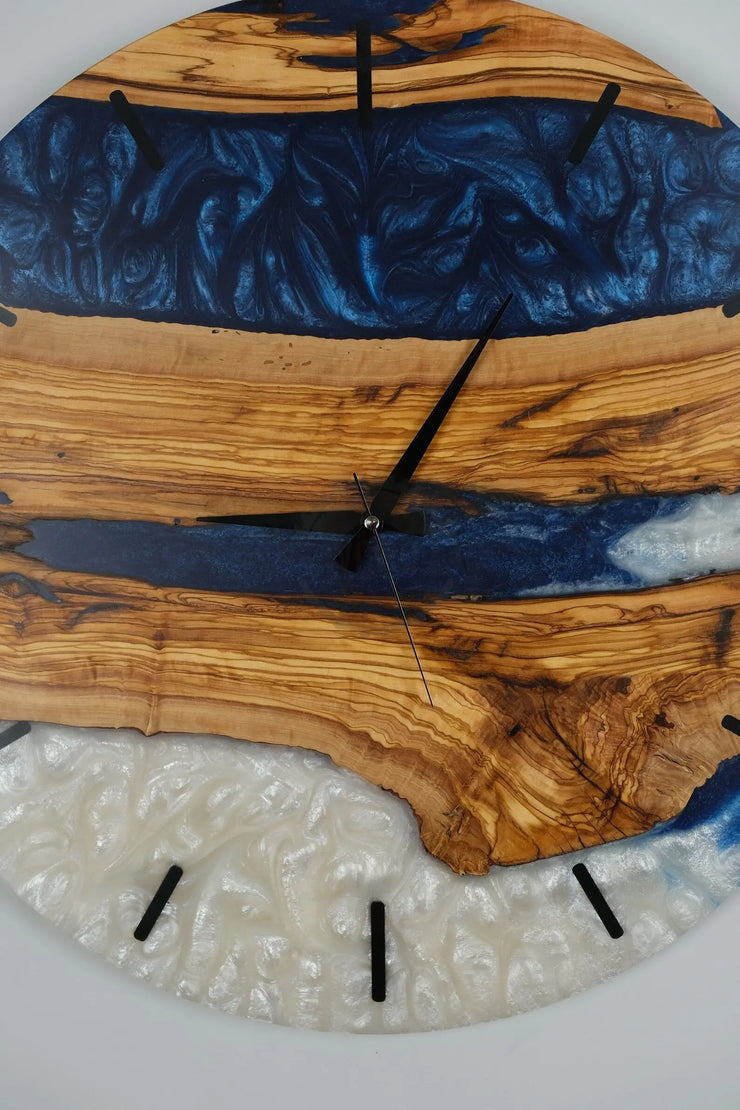 Custom Wall Clock blue white toning & Olive Wood Wall Clock - Art Wood Lab