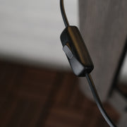 Close-up of the toggle switch on a handmade wooden floor lamp's power cord.