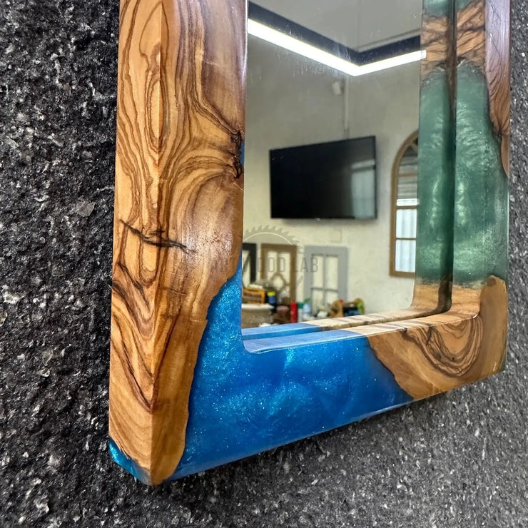 Epoxy and Olive Wood Frame Mirror, Modern Wall Decor - Art Wood Lab