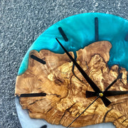 Turquoise white toning Olive Wood Wall Clock - Art Wood Lab