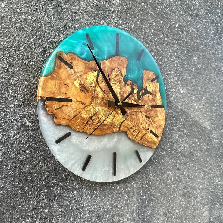 Turquoise white toning Olive Wood Wall Clock - Art Wood Lab