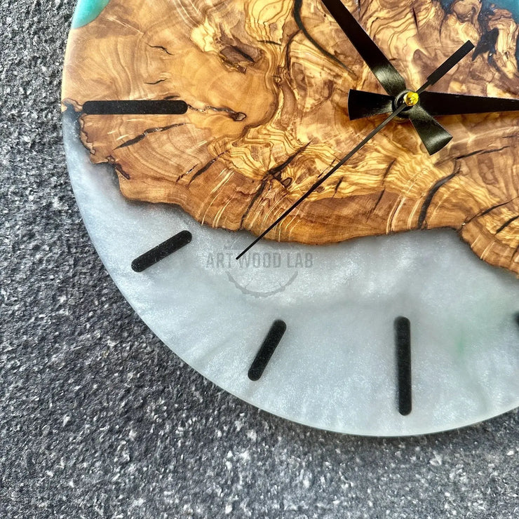 Turquoise white toning Olive Wood Wall Clock - Art Wood Lab