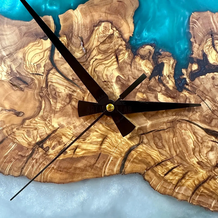 Turquoise white toning Olive Wood Wall Clock - Art Wood Lab