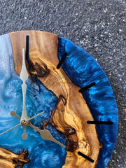 White Blue Olive Wood Wall Clock - Art Wood Lab