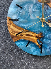 White Blue Olive Wood Wall Clock - Art Wood Lab