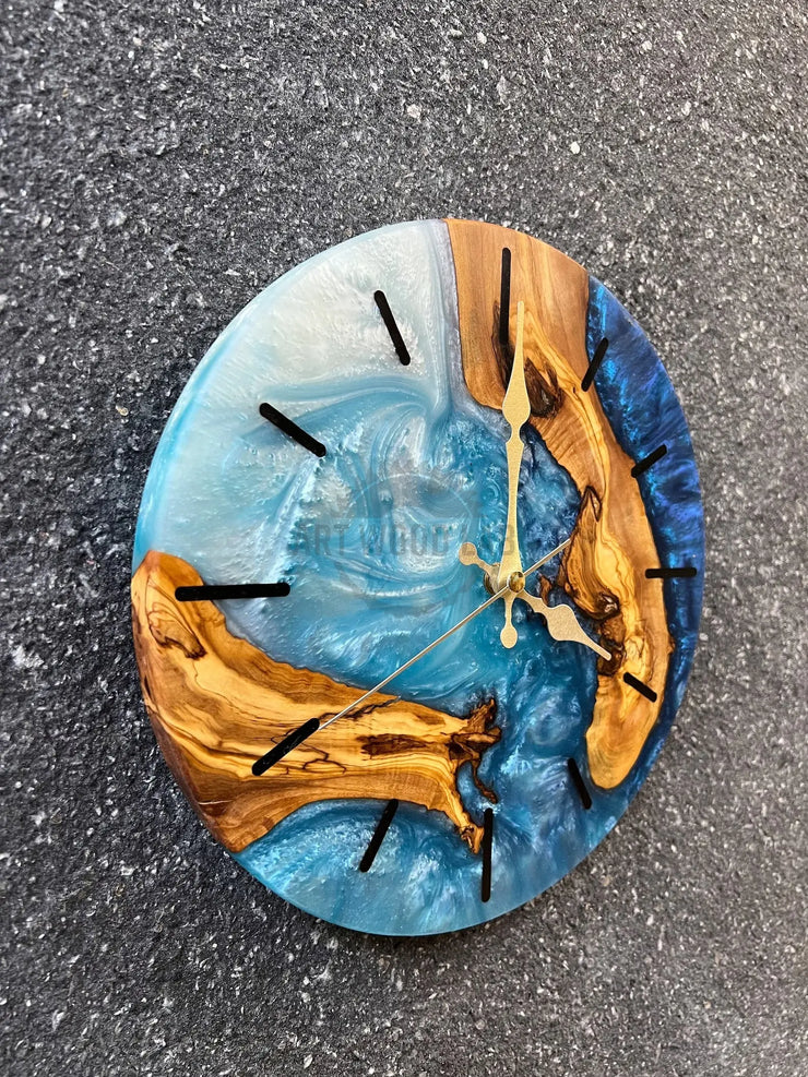 White Blue Olive Wood Wall Clock - Art Wood Lab