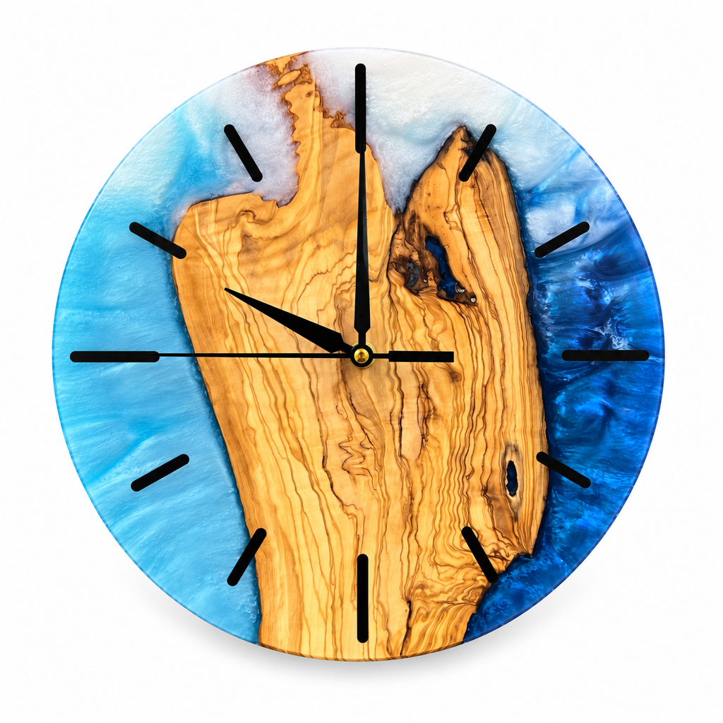 Amber Island Olive Wood & Resin Wall Clock in blue and white on a white background