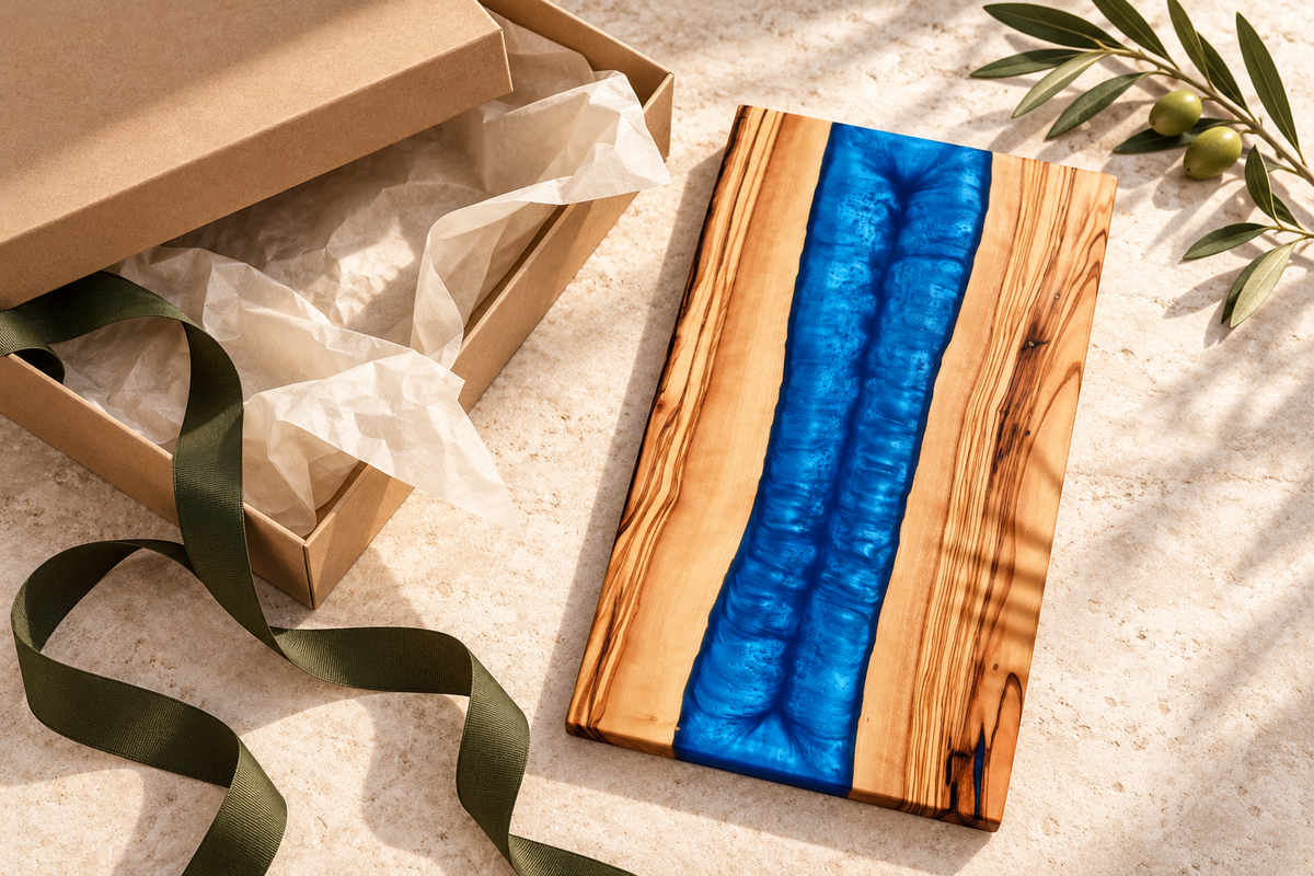 ArtWoodLab blue resin serving board — gift styling concept