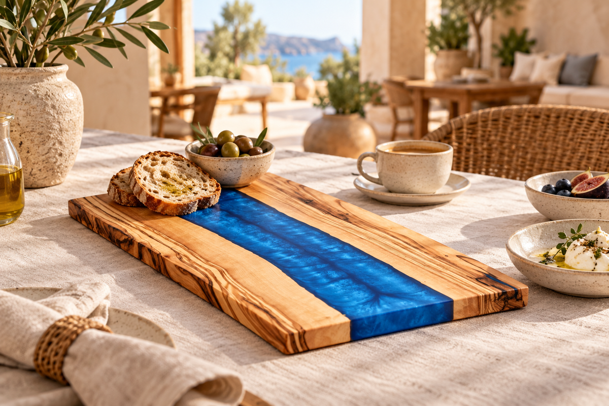 ArtWoodLab blue resin board in a hospitality styling concept