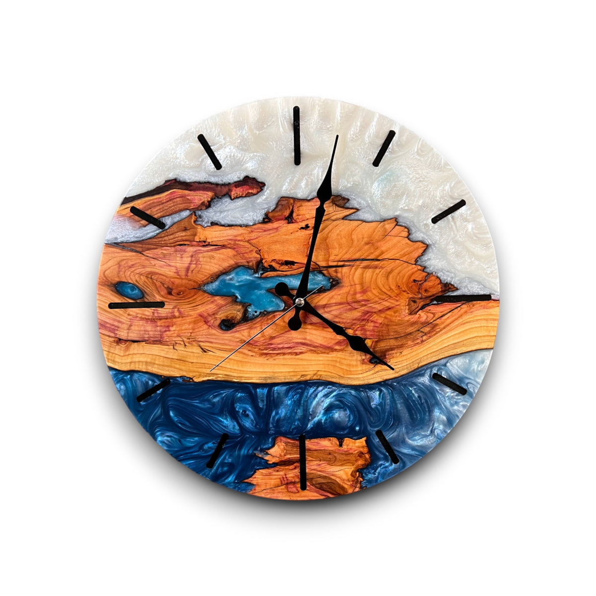 Blue and white resin olive wood wall clock with natural wood grain