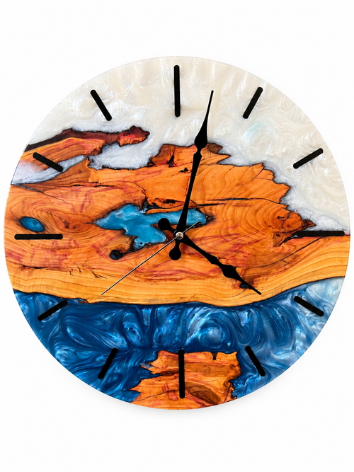 Blue & White Cherry Wood Resin Wall Clock - Branch Grain — full front view on white