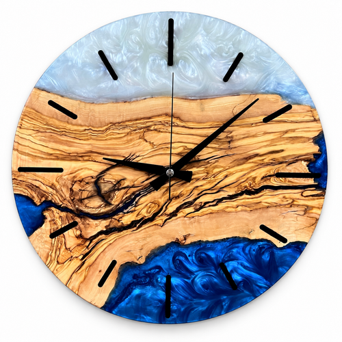 Blue & White Olive Wood Resin Wall Clock - Swirl Design — full front view on white