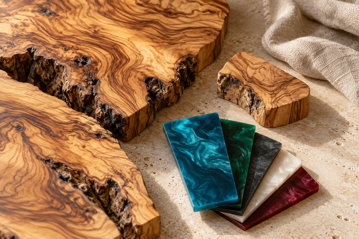 Olive wood and resin color study — illustrative editorial image