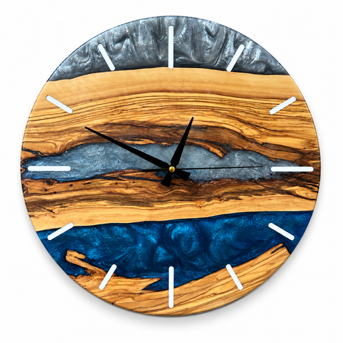 Ash Blue River Olive Wood & Resin Wall Clock — front view on white