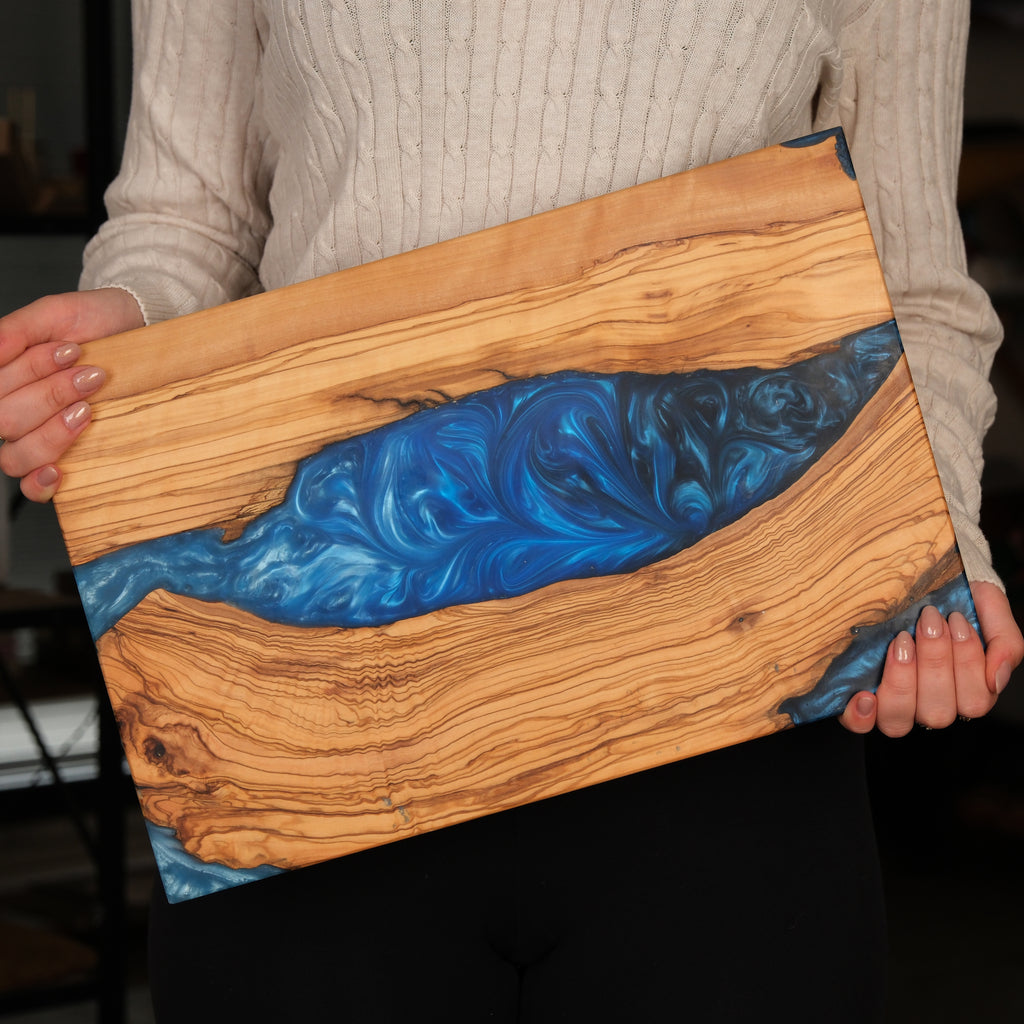 Deep Blue Swirl Resin Olive Wood Serving Board - main view