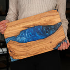 Deep Blue Swirl Resin Olive Wood Serving Board - main view
