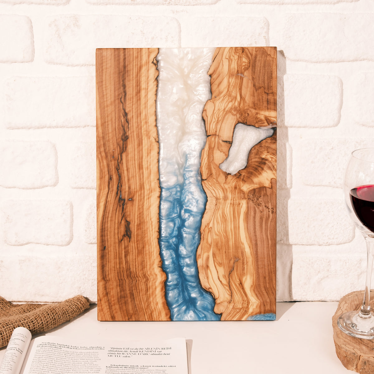 Turquoise & White Resin Olive Wood Serving Board - main view