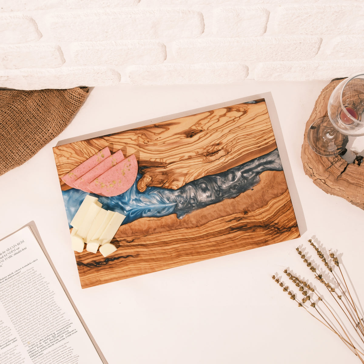 Turquoise & Gray Resin Olive Wood Serving Board - main view