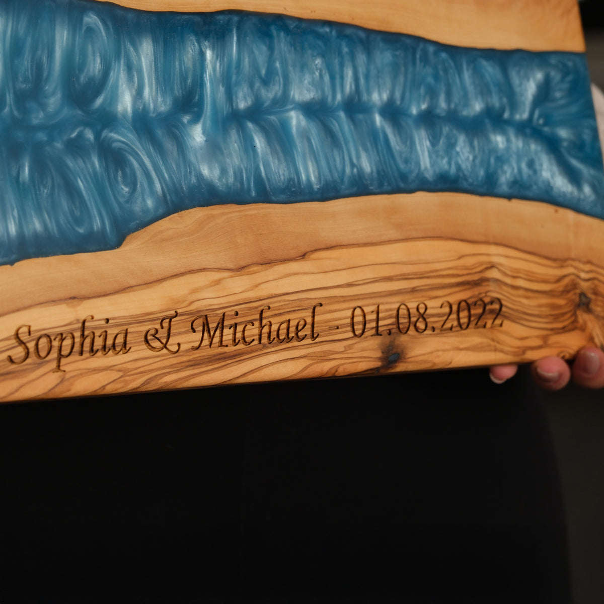 Personalized Turquoise Resin Olive Wood Serving Board - view 2