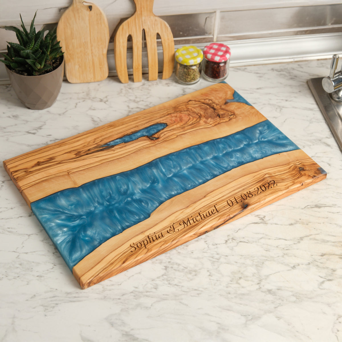 Personalized Turquoise Resin Olive Wood Serving Board - view 3