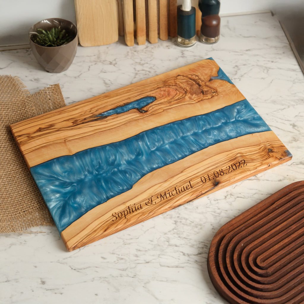 Personalized Turquoise Resin Olive Wood Serving Board - view 5