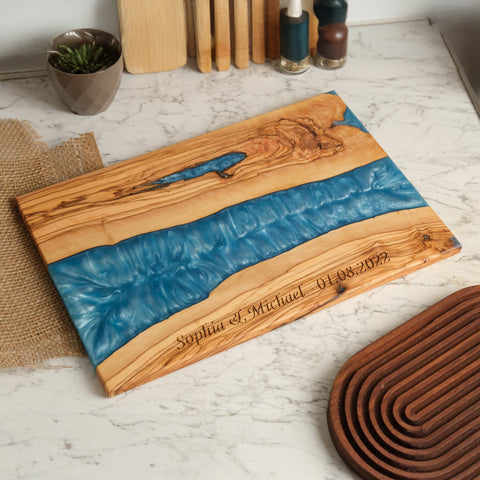 Personalized Turquoise Resin Olive Wood Serving Board - view 5