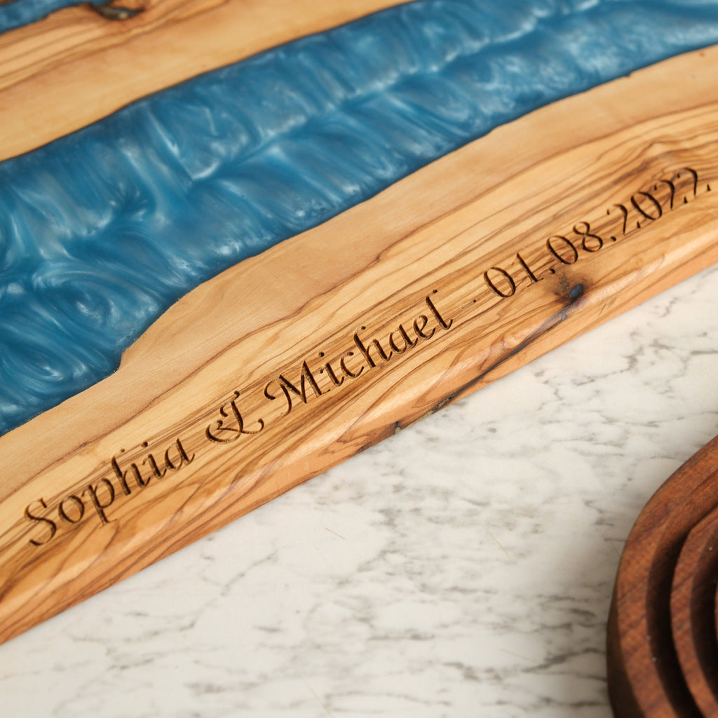 Personalized Turquoise Resin Olive Wood Serving Board - view 6