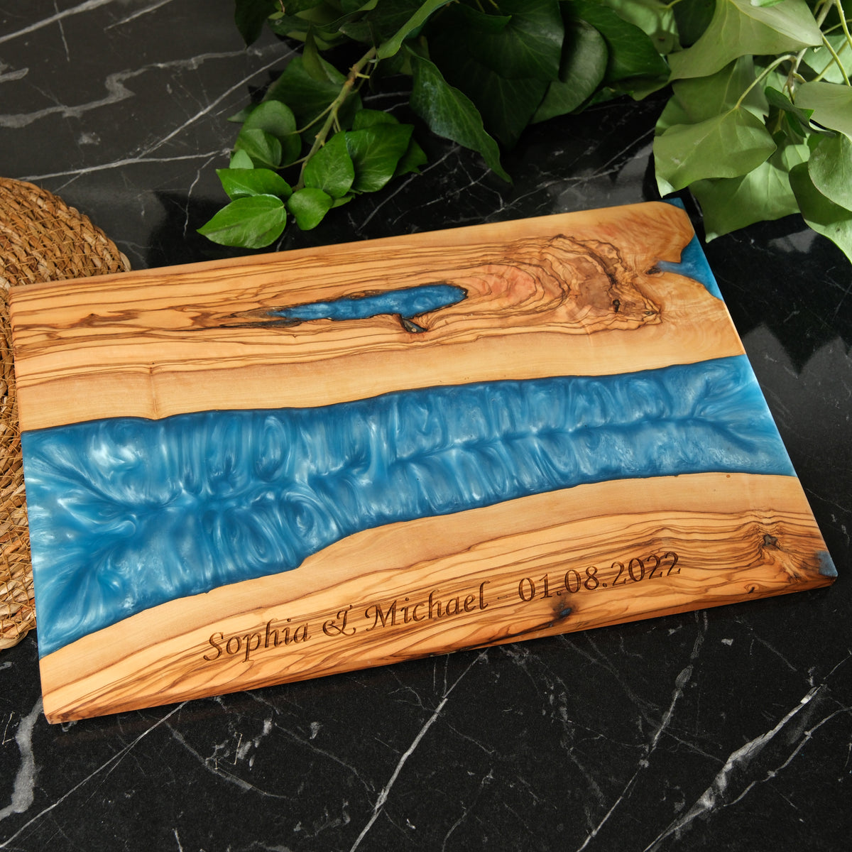 Personalized Turquoise Resin Olive Wood Serving Board - view 9