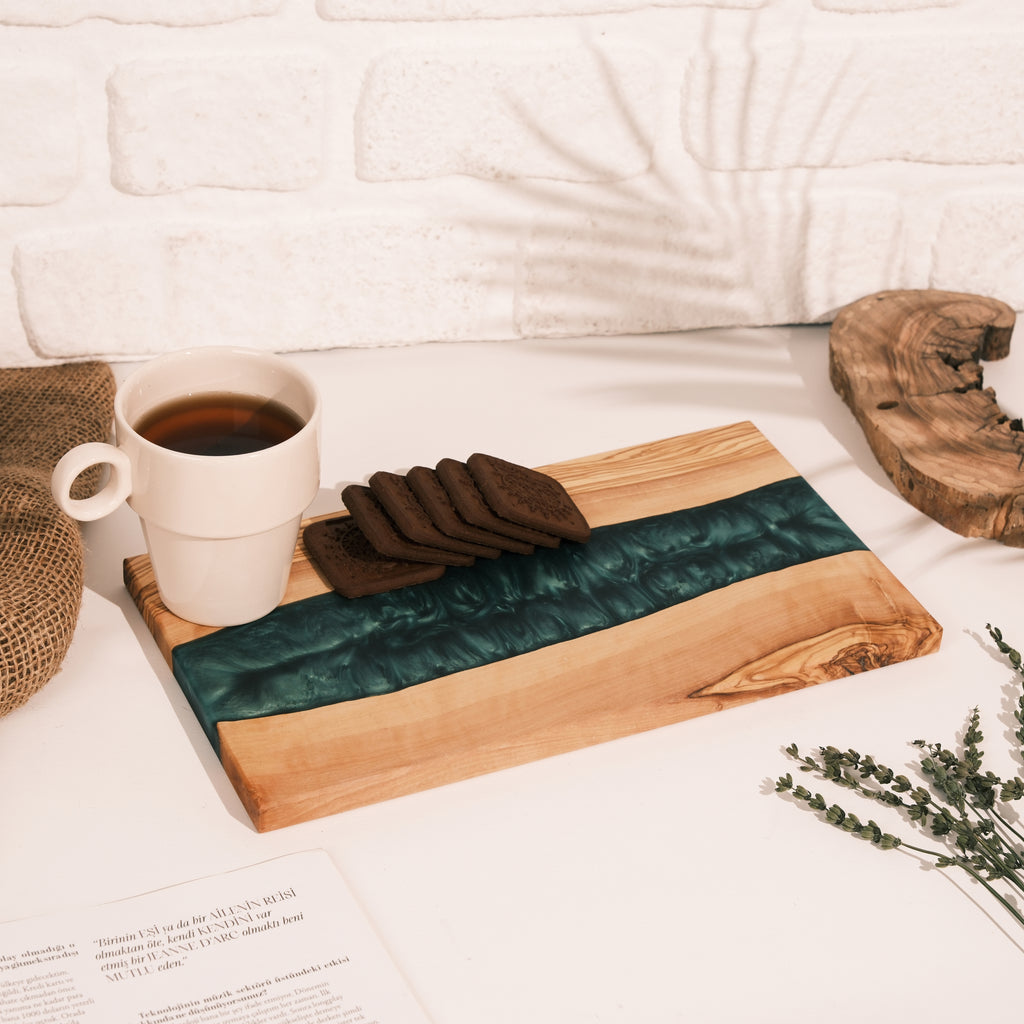 Emerald Green Resin River Olive Wood Serving Board - view 7