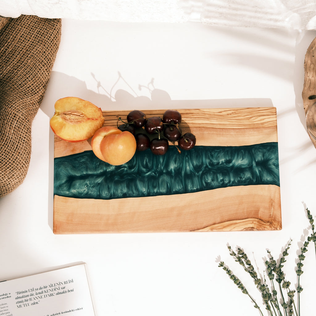 Emerald Green Resin River Olive Wood Serving Board - view 14