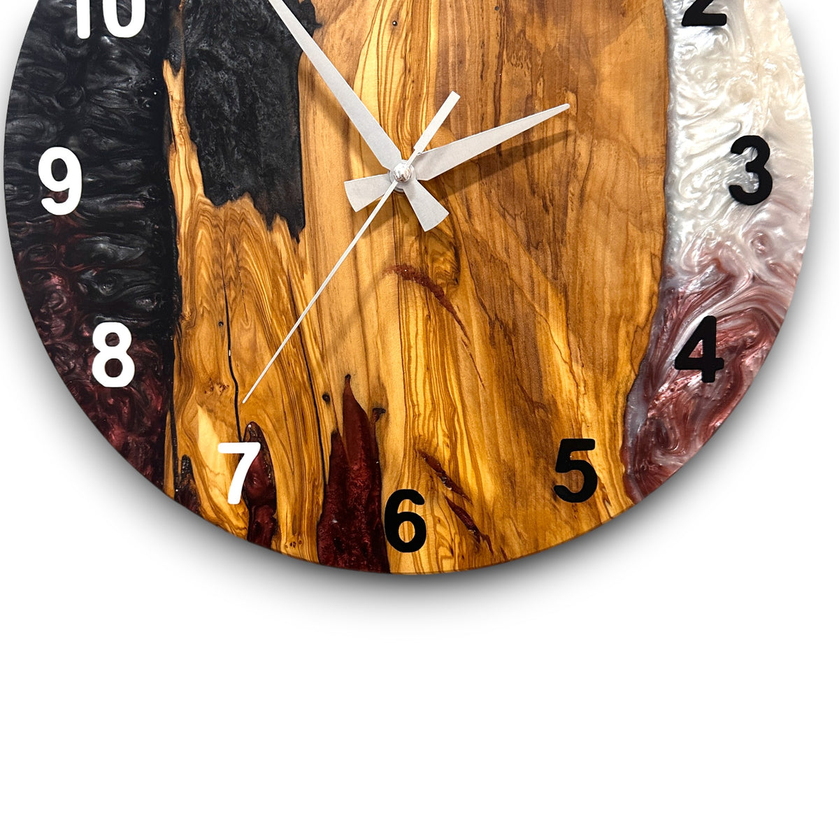 Burgundy, Black & White Olive Wood Resin Wall Clock - main view