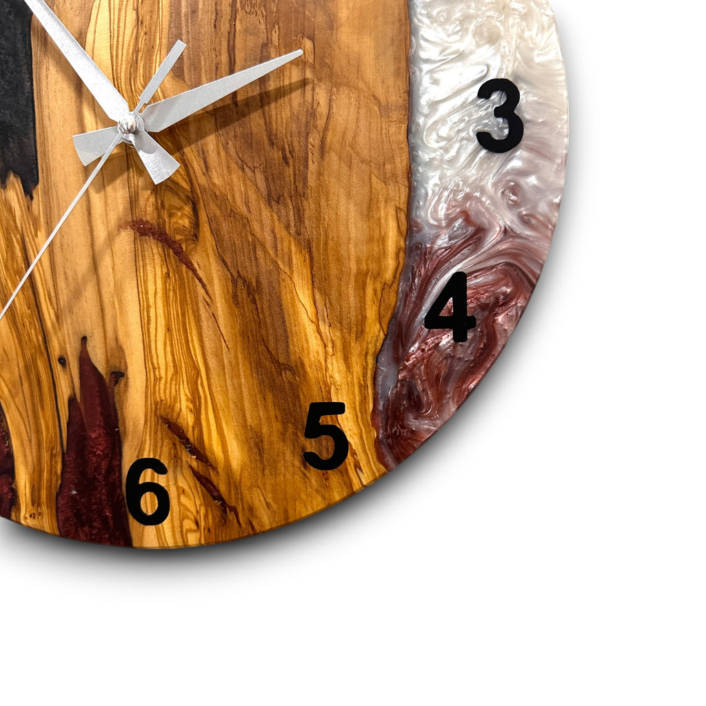 Burgundy, Black & White Olive Wood Resin Wall Clock - view 7